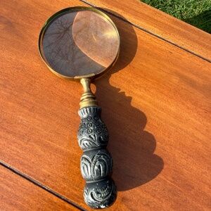 9.5” Vintage Brass Magnifying Glass W/ Beautiful Carved Stone Or Resin Handle.